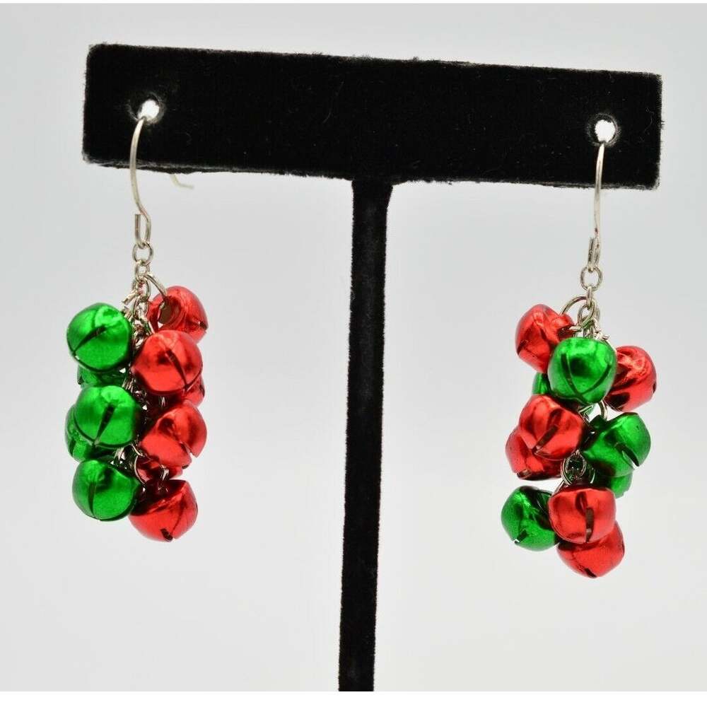 Jingle Bells Dangle Earrings Red Green Gold Christmas Holiday Party Festive 90s